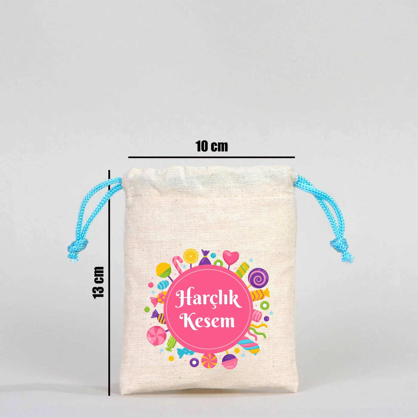 10x13 cm ölçülerinde pamuk bez bayram harçlığı kesesi, renkli şeker desenli, çocuklara özel harçlık kesesi