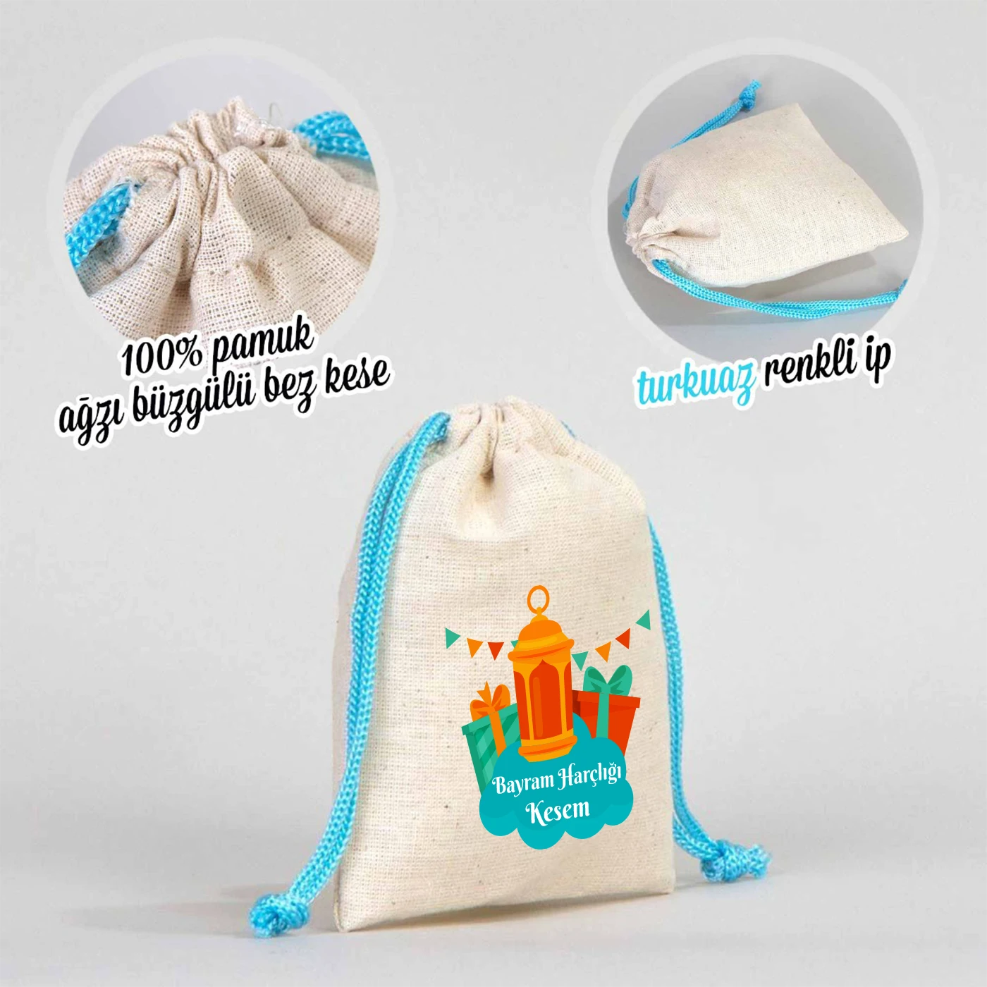 %100 pamuk büzgülü bez bayram kesesi, siyah ip detaylı, 10x13 cm küçük boy harçlık kesesi