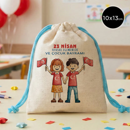 10x13 Turkuaz İpli Bez Kese – 23 Nisan Hediyesi
