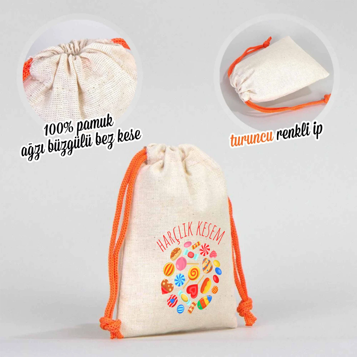 %100 pamuk ağız büzgülü bez bayram kesesi, turuncu renk ipli, çocuklara özel harçlık kesesi