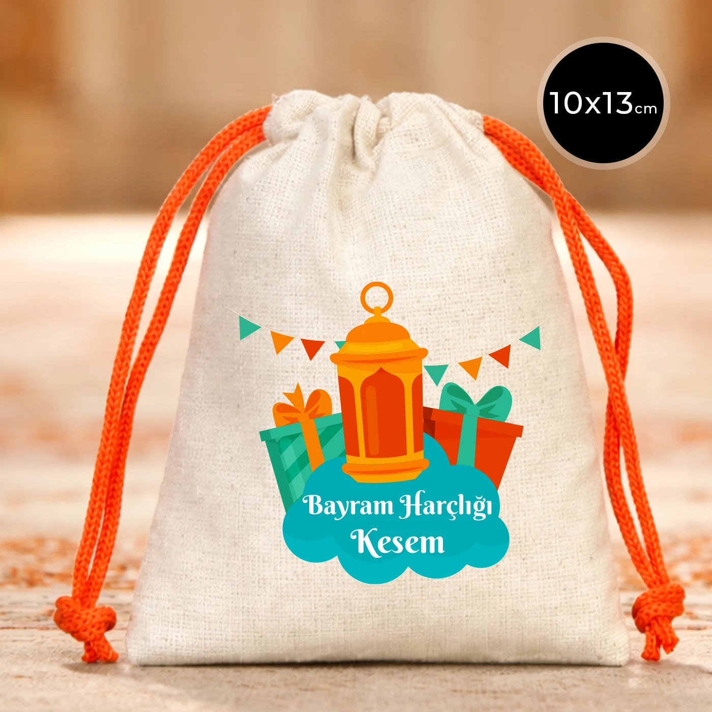 10x13 cm turuncu ipli pamuk bez bayram harçlık kesesi, fener ve hediye temalı “Bayram Harçlığı Kesem” yazılı tasarım