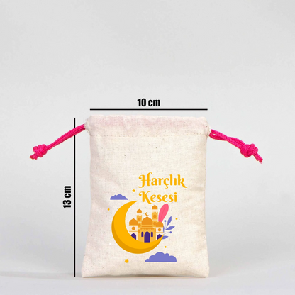 10 cm genişlik ve 13 cm yükseklik ölçülerine sahip, fuşya ipli, pamuk bez bayram harçlık kesesi ölçü gösterimi