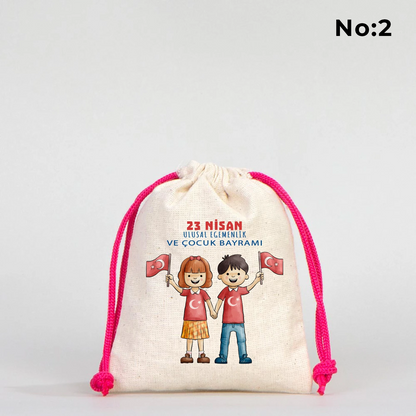 23 Nisan Kutlu Olsun baskılı 10x13 bez kese, 23 Nisan çocuk hediyelik büzgülü çanta