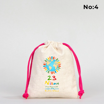 23 Nisan Kutlu Olsun baskılı 10x13 bez kese, 23 Nisan çocuk hediyelik büzgülü çanta