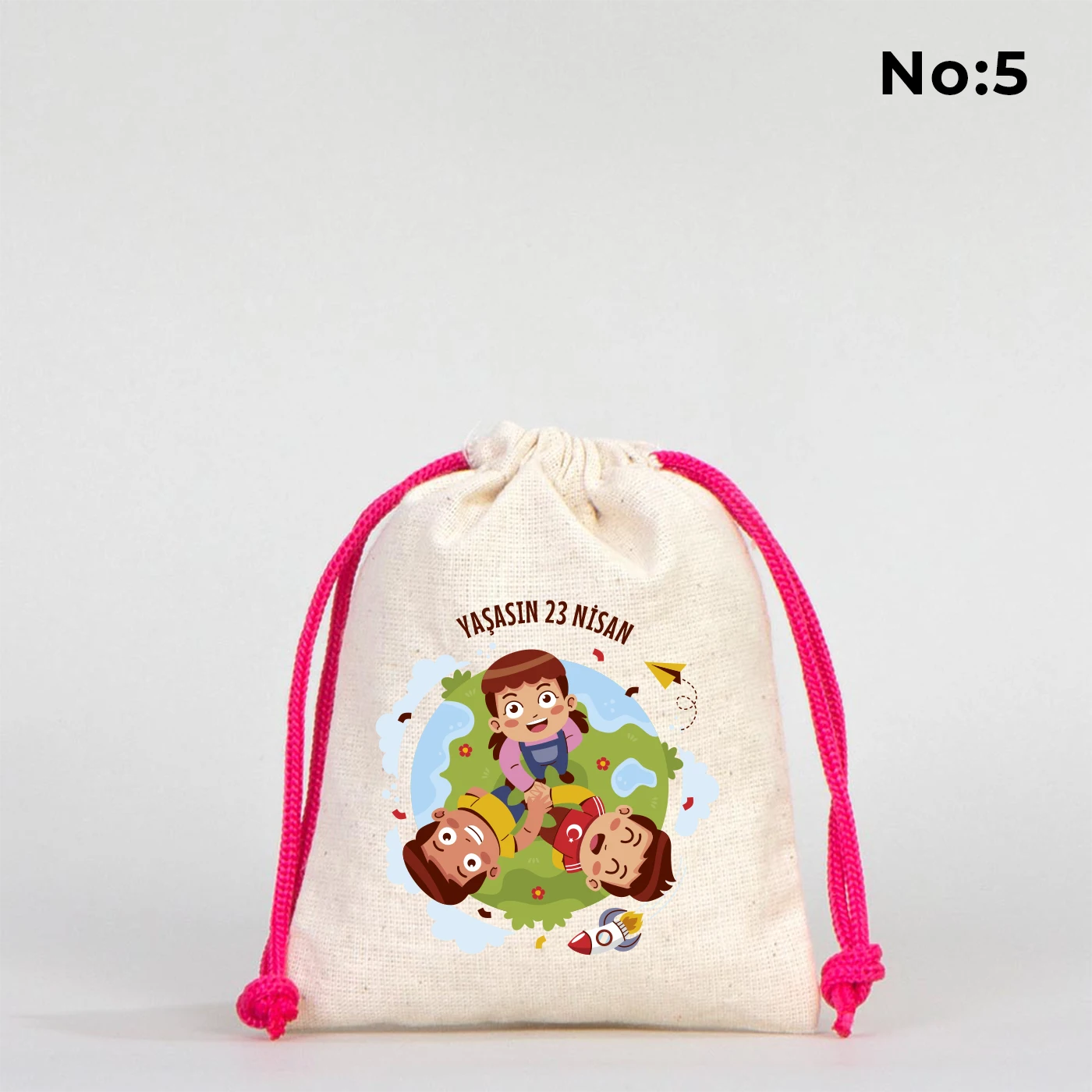 23 Nisan Kutlu Olsun baskılı 10x13 bez kese, 23 Nisan çocuk hediyelik büzgülü çanta
