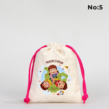 23 Nisan Kutlu Olsun baskılı 10x13 bez kese, 23 Nisan çocuk hediyelik büzgülü çanta