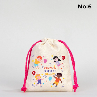 23 Nisan Kutlu Olsun baskılı 10x13 bez kese, 23 Nisan çocuk hediyelik büzgülü çanta