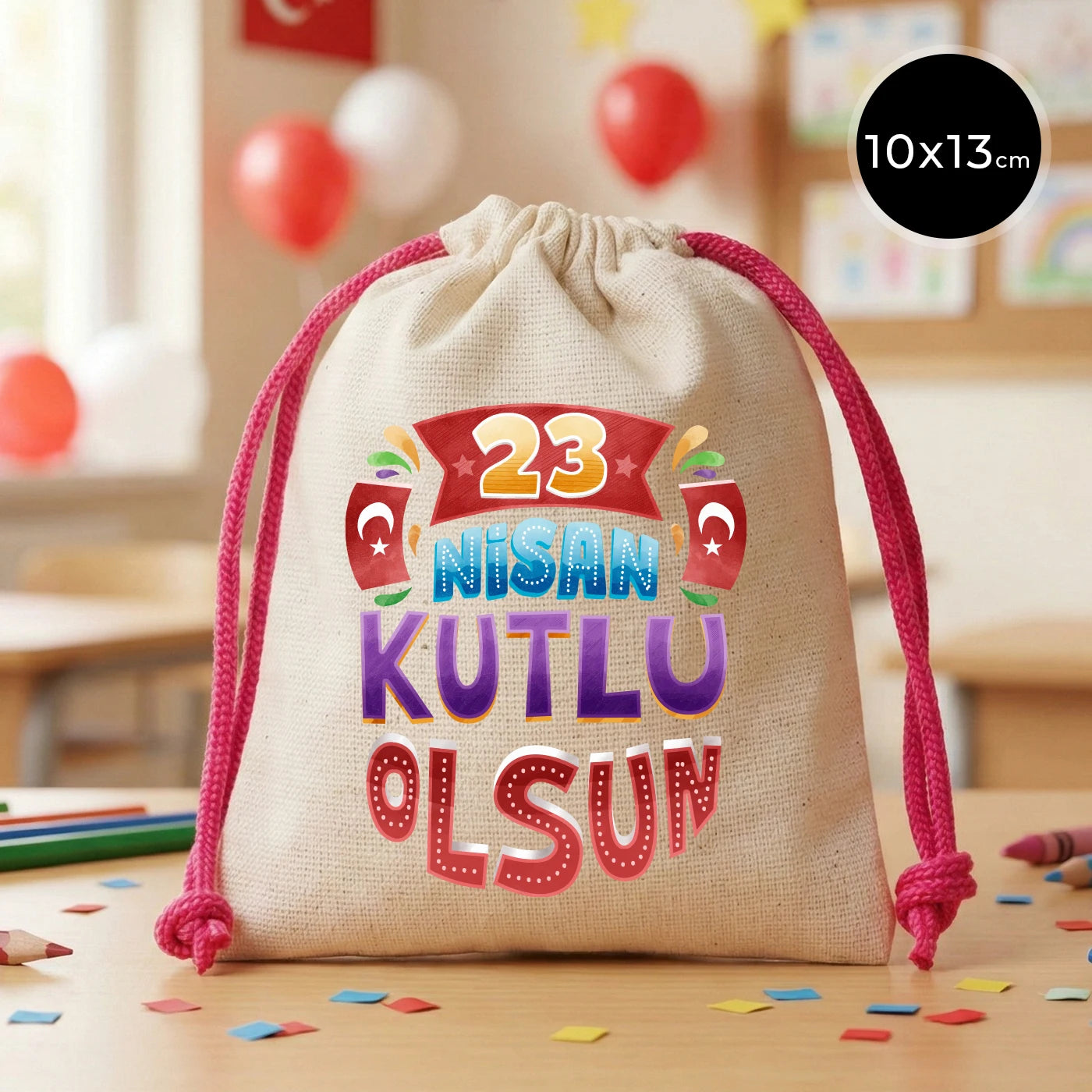 23 Nisan Kutlu Olsun baskılı 10x13 bez kese, 23 Nisan çocuk hediyelik büzgülü çanta