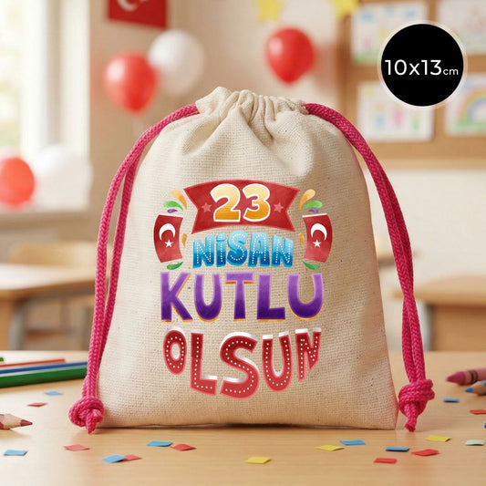 23 Nisan Kutlu Olsun baskılı 10x13 bez kese, 23 Nisan çocuk hediyelik büzgülü çanta