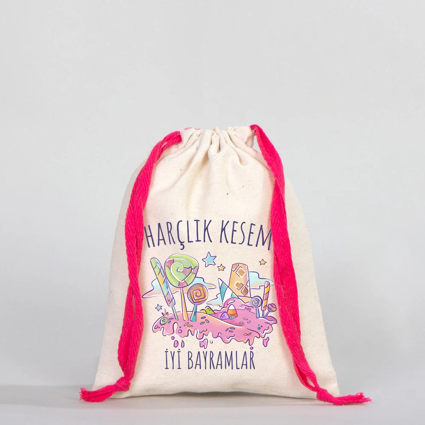 15x20 cm pamuk bayram kesesi, harçlık ve şeker için bez kese, fuşya ipli çocuk kesesi