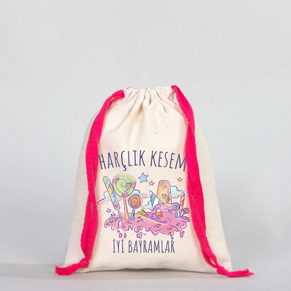 15x20 cm pamuk bayram kesesi, harçlık ve şeker için bez kese, fuşya ipli çocuk kesesi
