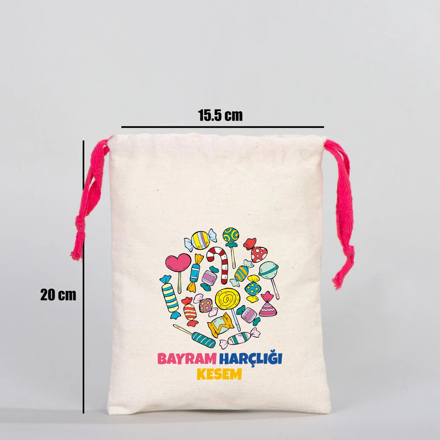 15x20 cm Renkli İp Fuşya Bez Kese – Bayram Harçlık Kesesi