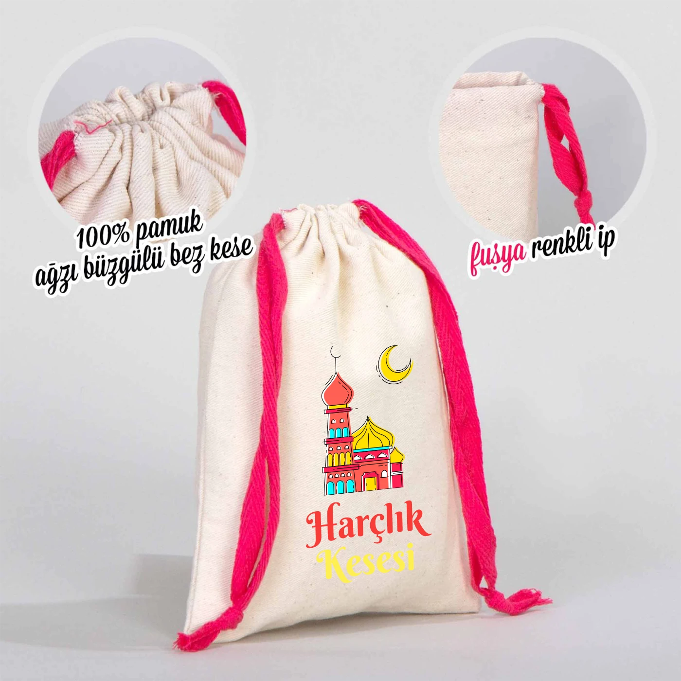 15x20 cm pamuk bayram kesesi, harçlık ve şeker için bez kese, fuşya ipli çocuk kesesi