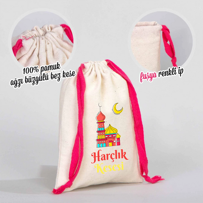 15x20 cm pamuk bayram kesesi, harçlık ve şeker için bez kese, fuşya ipli çocuk kesesi