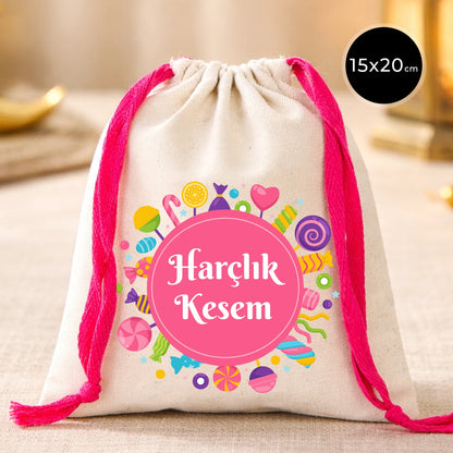 15x20 cm pamuk bayram kesesi, harçlık ve şeker için bez kese, fuşya ipli çocuk kesesi