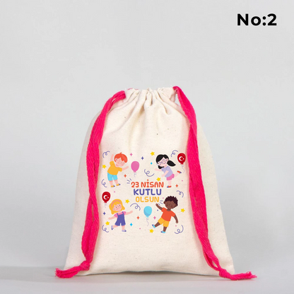 15x20 cm Renkli İp Fuşya Bez Kese – 23 Nisan Hediyesi