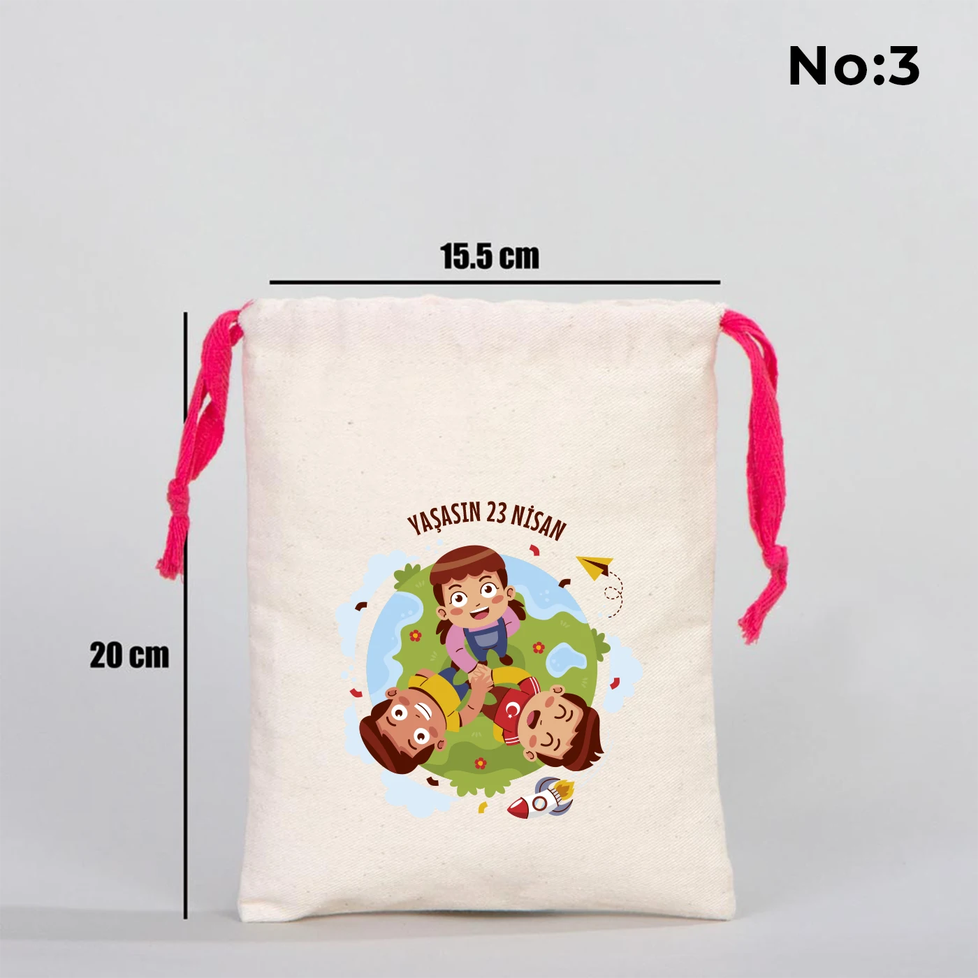 15x20 cm Renkli İp Fuşya Bez Kese – 23 Nisan Hediyesi