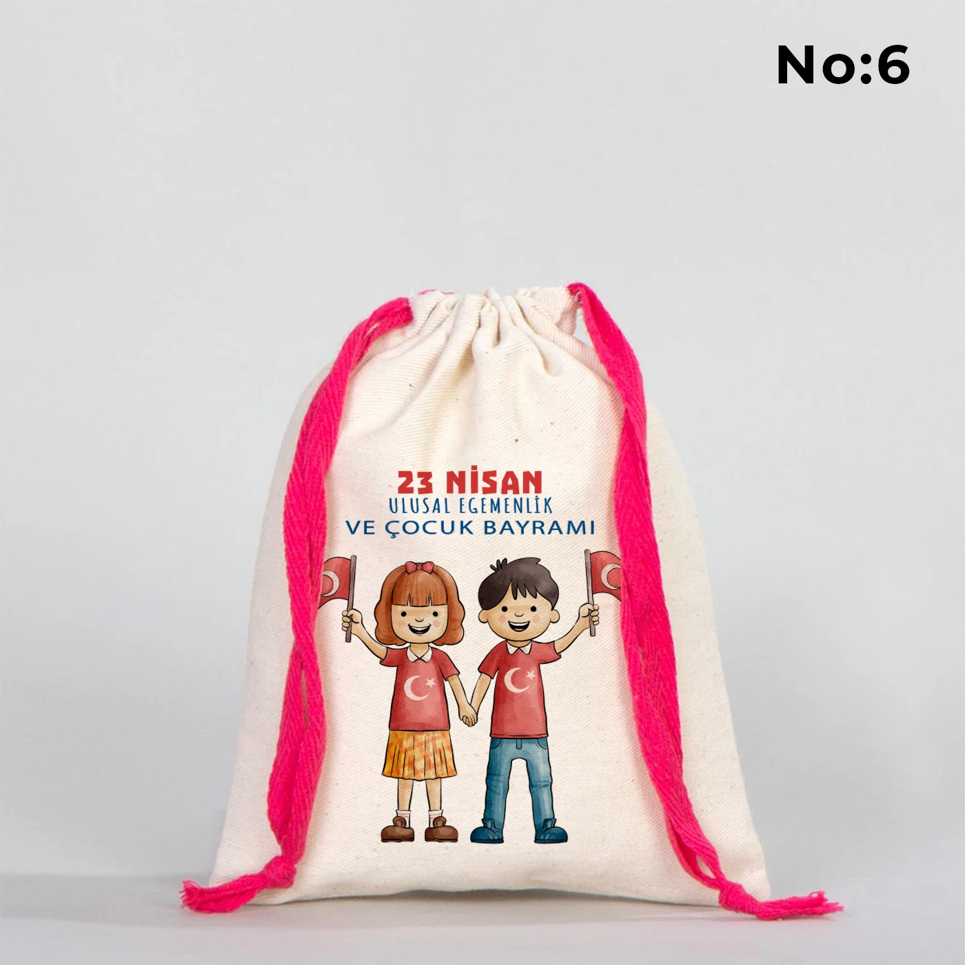 15x20 cm Renkli İp Fuşya Bez Kese – 23 Nisan Hediyesi