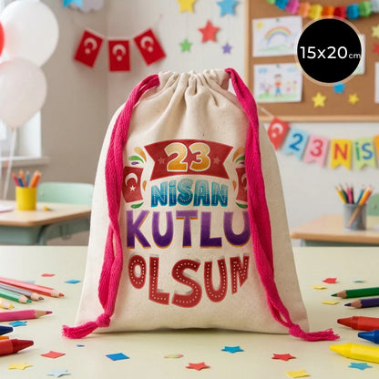 15x20 cm Renkli İp Fuşya Bez Kese – 23 Nisan Hediyesi