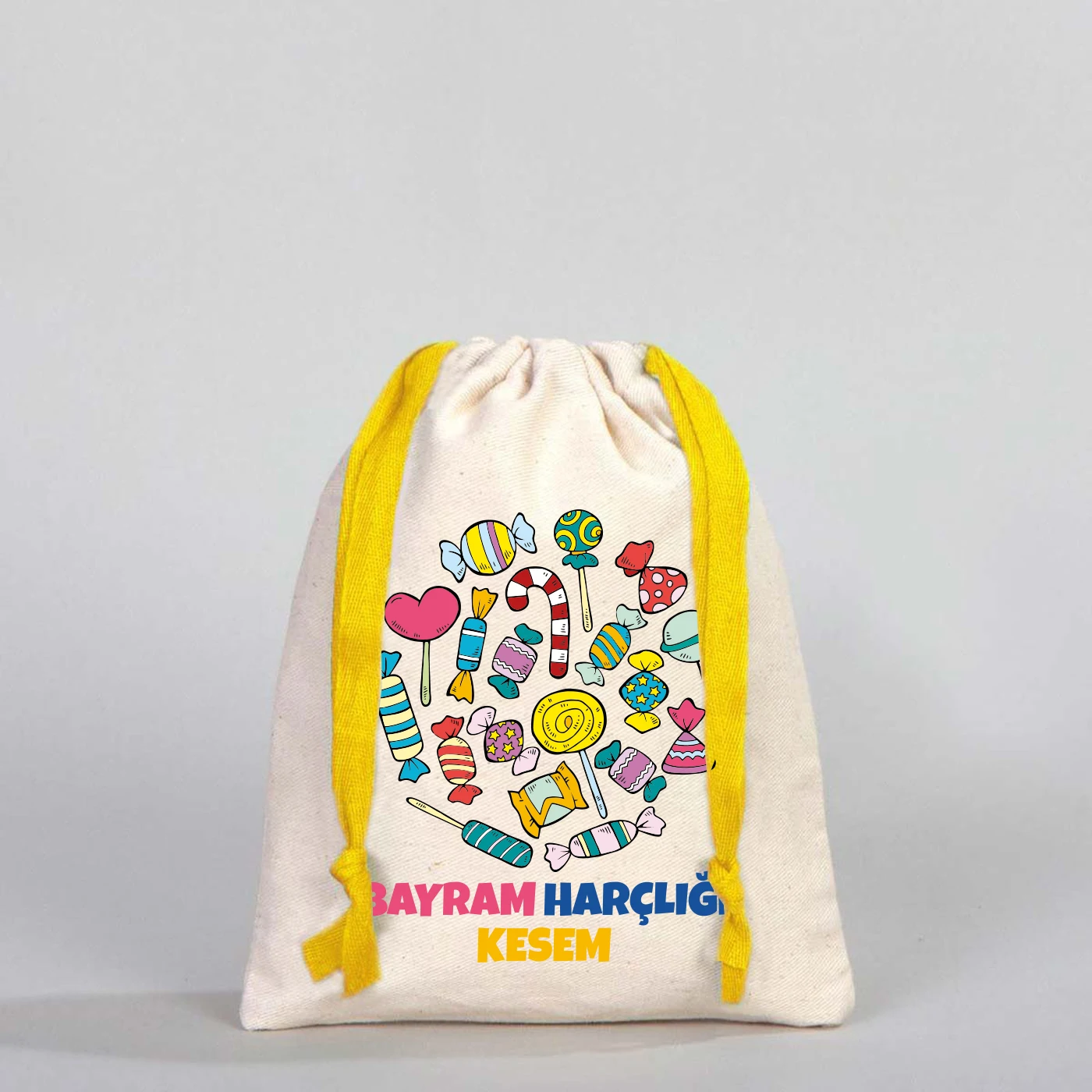 Sarı ipli 15x20 cm bayram harçlık kesesi, renkli şeker desenli baskı, pamuklu ham bez kumaş, çocuklar için bayram kesesi