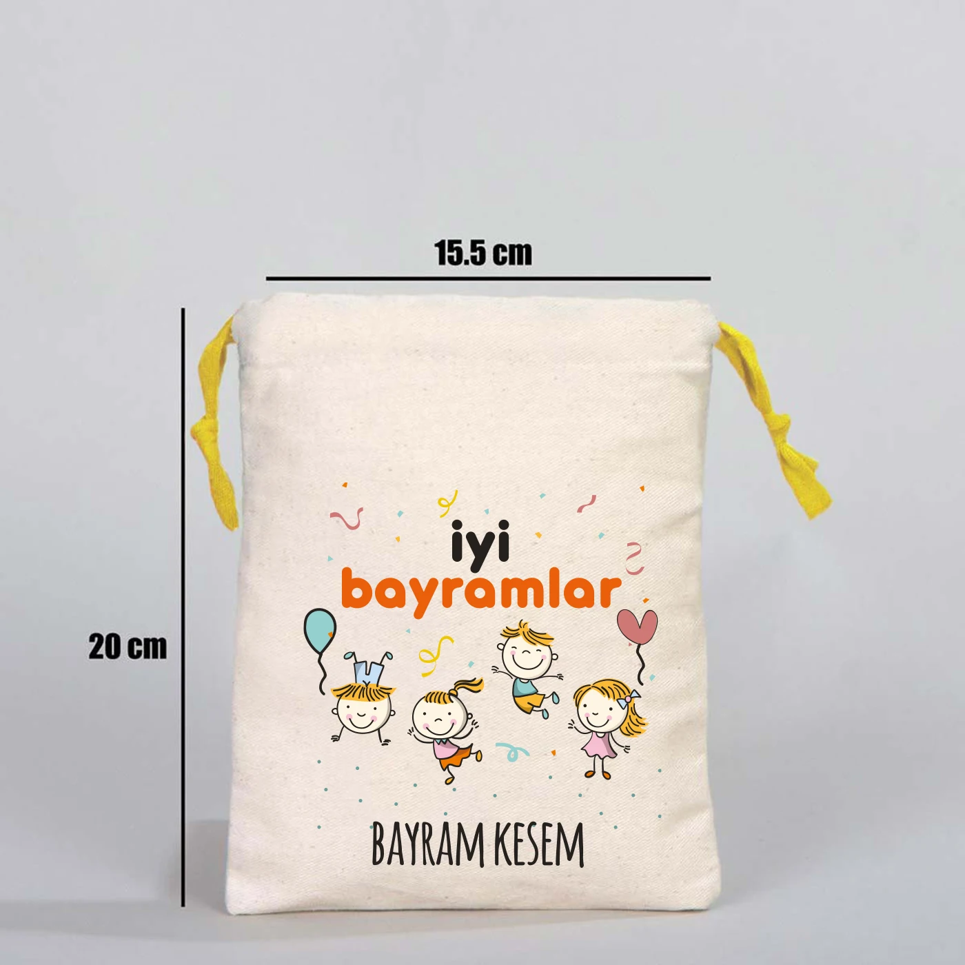 Sarı ipli 15x20 cm bayram harçlık kesesi, renkli şeker desenli baskı, pamuklu ham bez kumaş, çocuklar için bayram kesesi