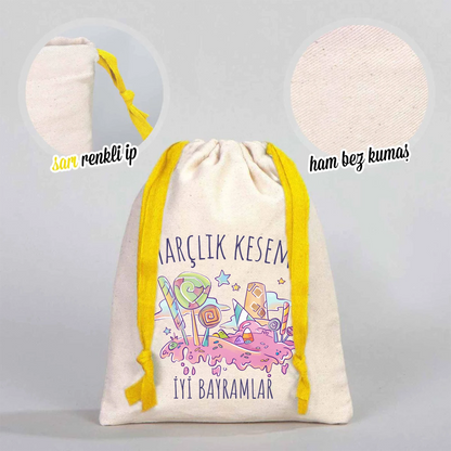 Sarı ipli 15x20 cm bayram harçlık kesesi, renkli şeker desenli baskı, pamuklu ham bez kumaş, çocuklar için bayram kesesi