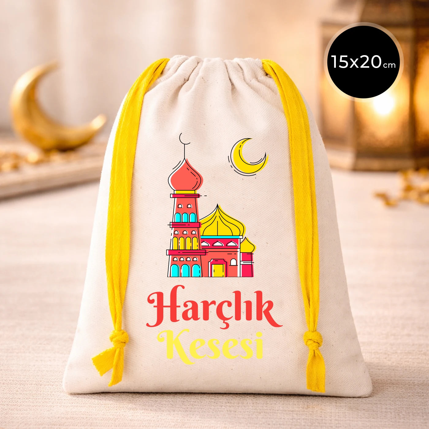 Sarı ipli 15x20 cm bayram harçlık kesesi, renkli şeker desenli baskı, pamuklu ham bez kumaş, çocuklar için bayram kesesi