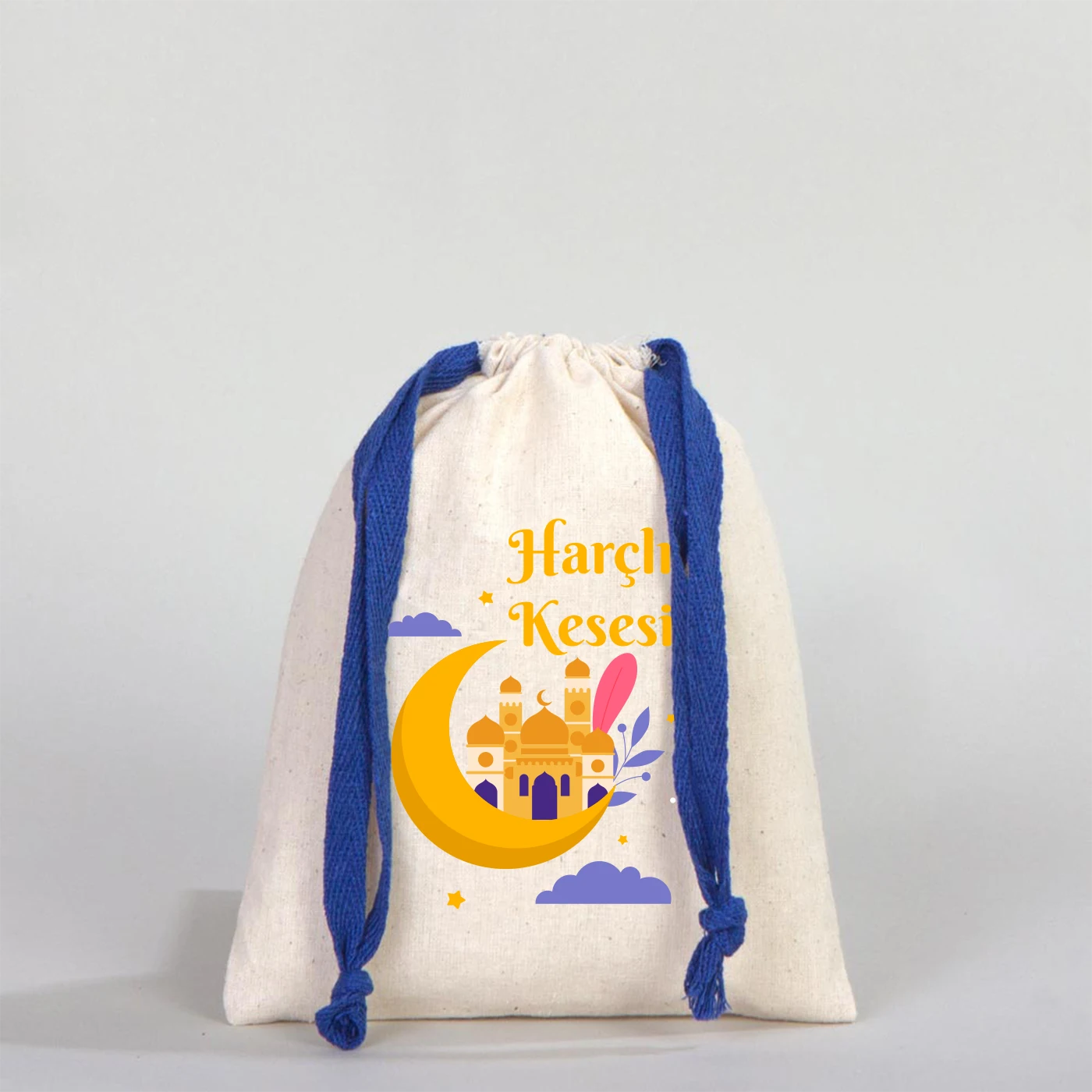 15x20 cm pamuk büzgülü bez kese, saks mavi ipli bayram harçlık kesesi, cami ve hilal tasarımlı