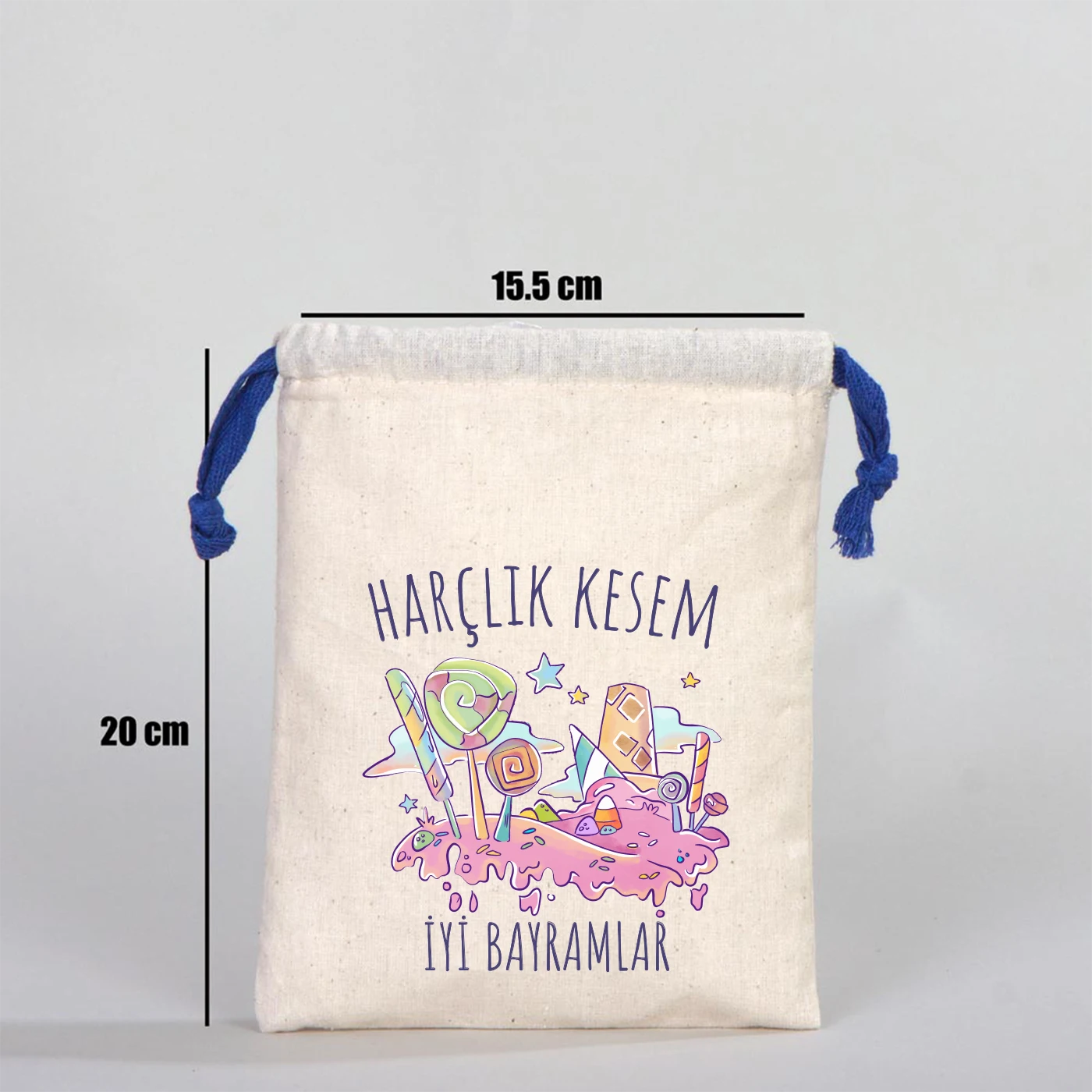 15x20 cm bayram harçlık kesesi ölçü görseli, pamuk bez kese saks mavi ipli, şeker temalı baskı
