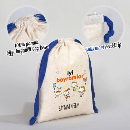 15x20 cm %100 pamuk ağız büzgülü bez kese, saks mavi renkli ipli bayram kesesi, iyi bayramlar baskılı