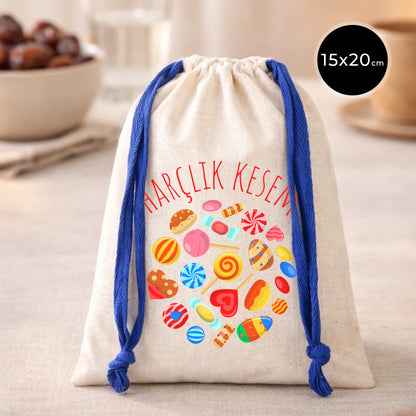 15x20 cm saks mavi ipli pamuk büzgülü bez bayram harçlık kesesi, şeker desenli baskı
