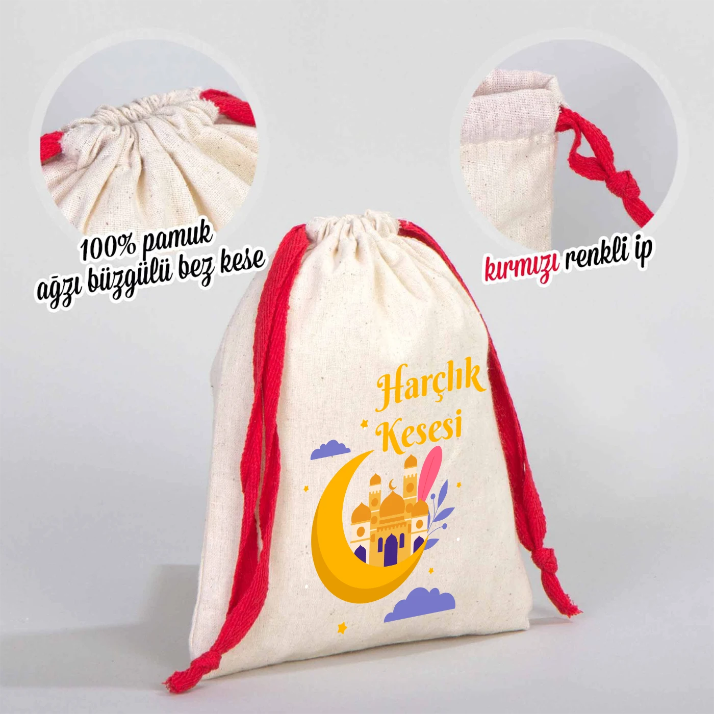 15x20 cm pamuk büzgülü bez kese kolajı; kumaş dokusu yakın planı ve fuşya/kırmızı ip detayı, bayram harçlık kesesi.