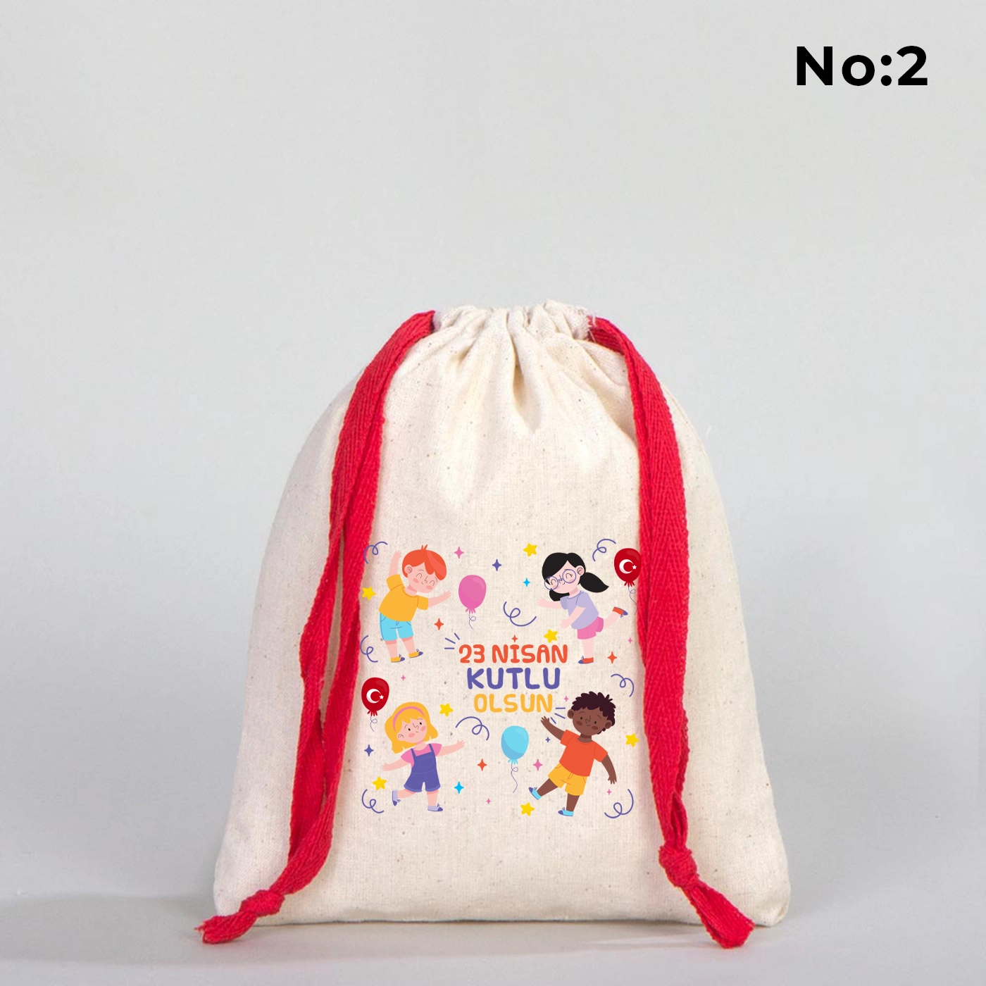 15x20 cm Renkli İp Kırmızı Bez Kese – 23 Nisan Hediyesi