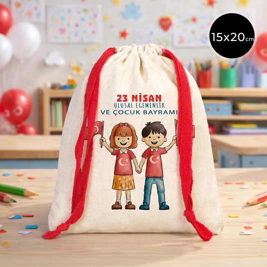 15x20 cm Renkli İp Kırmızı Bez Kese – 23 Nisan Hediyesi