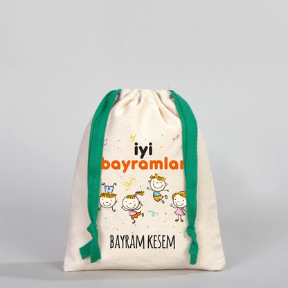 %100 pamuk ağzı büzgülü bez bayram kesesi, yeşil renkli ipli harçlık kesesi