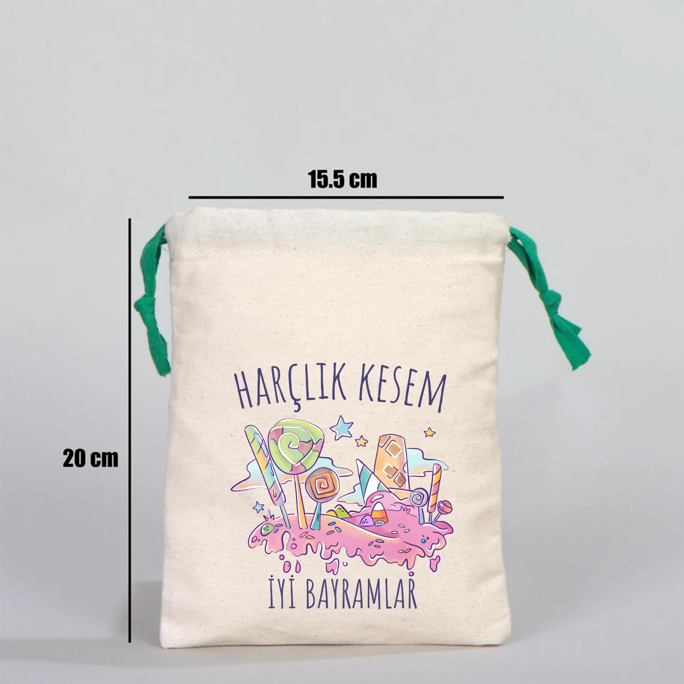 %100 pamuk ağzı büzgülü bez bayram kesesi, yeşil renkli ipli harçlık kesesi