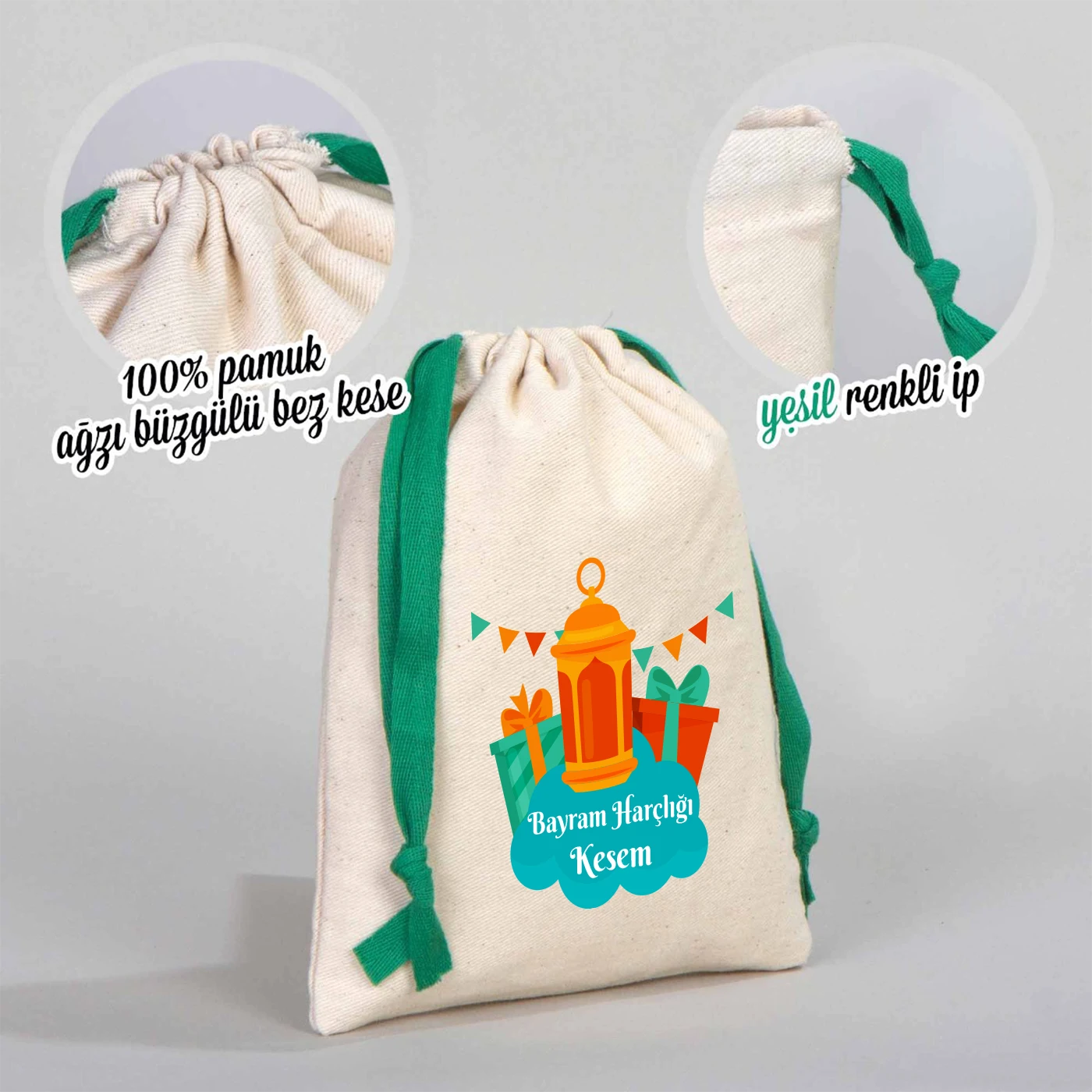 %100 pamuk ağzı büzgülü bez bayram kesesi, yeşil renkli ipli harçlık kesesi