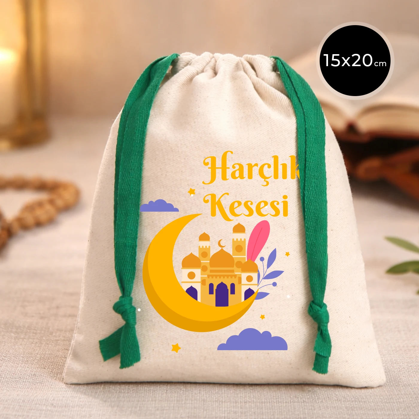 Yeşil ipli 15x20 cm harçlık kesesi, cami ve hilal desenli bayram kesesi, pamuklu ham bez kumaş