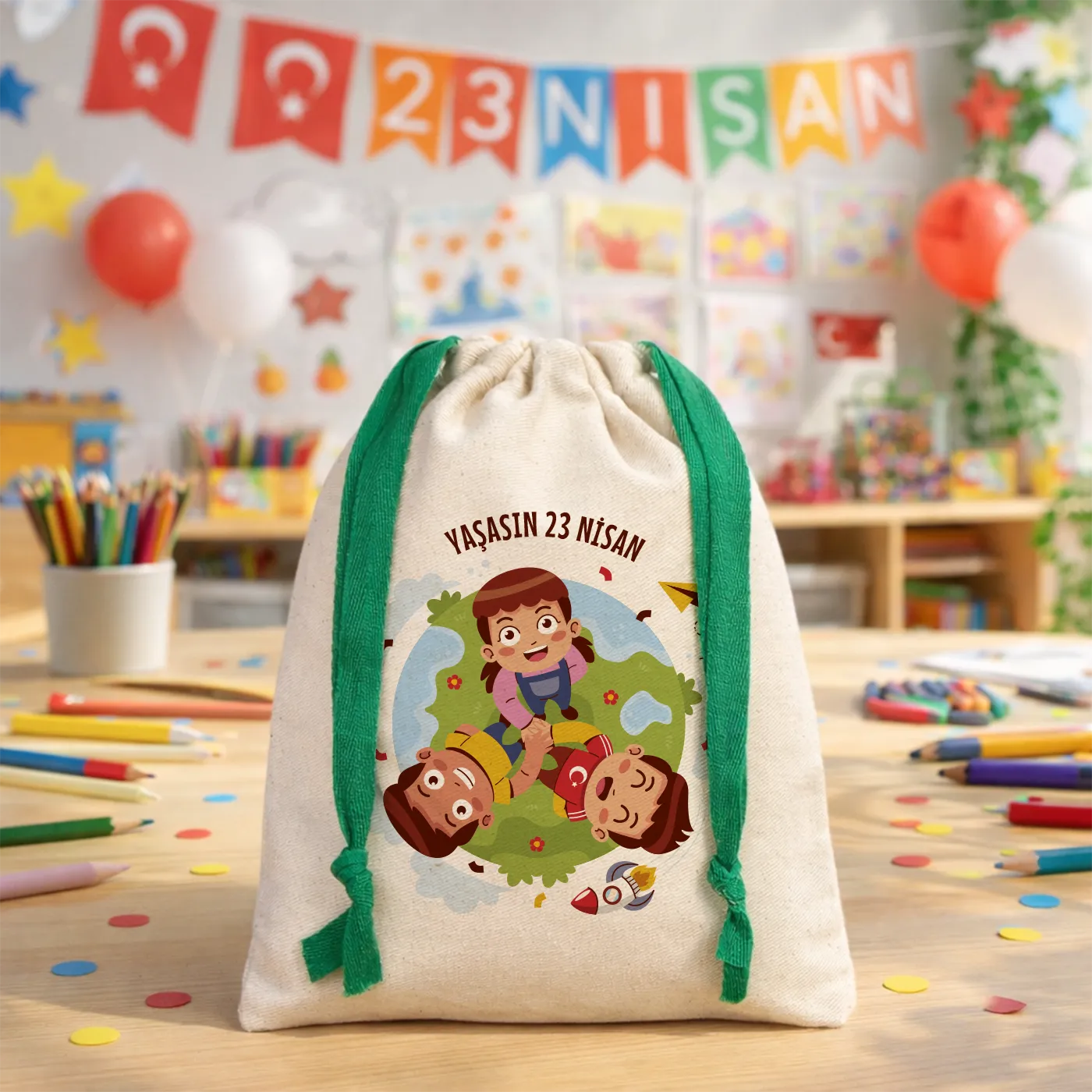 Naturel renkli, yeşil büzgü ipli bez kese üzerinde “Yaşasın 23 Nisan” yazılı çocuk temalı renkli baskı, roket ve kâğıt uçak detayları