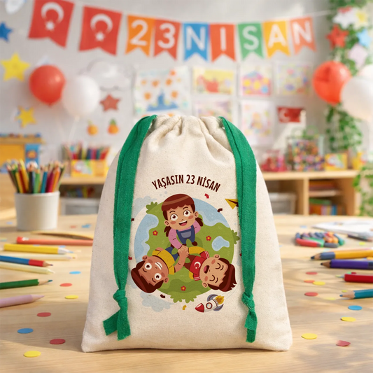 Naturel renkli, yeşil büzgü ipli bez kese üzerinde “Yaşasın 23 Nisan” yazılı çocuk temalı renkli baskı, roket ve kâğıt uçak detayları