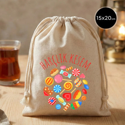 Harçlık kesem yazılı 15x20 cm pamuk bez kese, renkli şeker desenli, Ramazan ve Bayram için hediye kesesi.