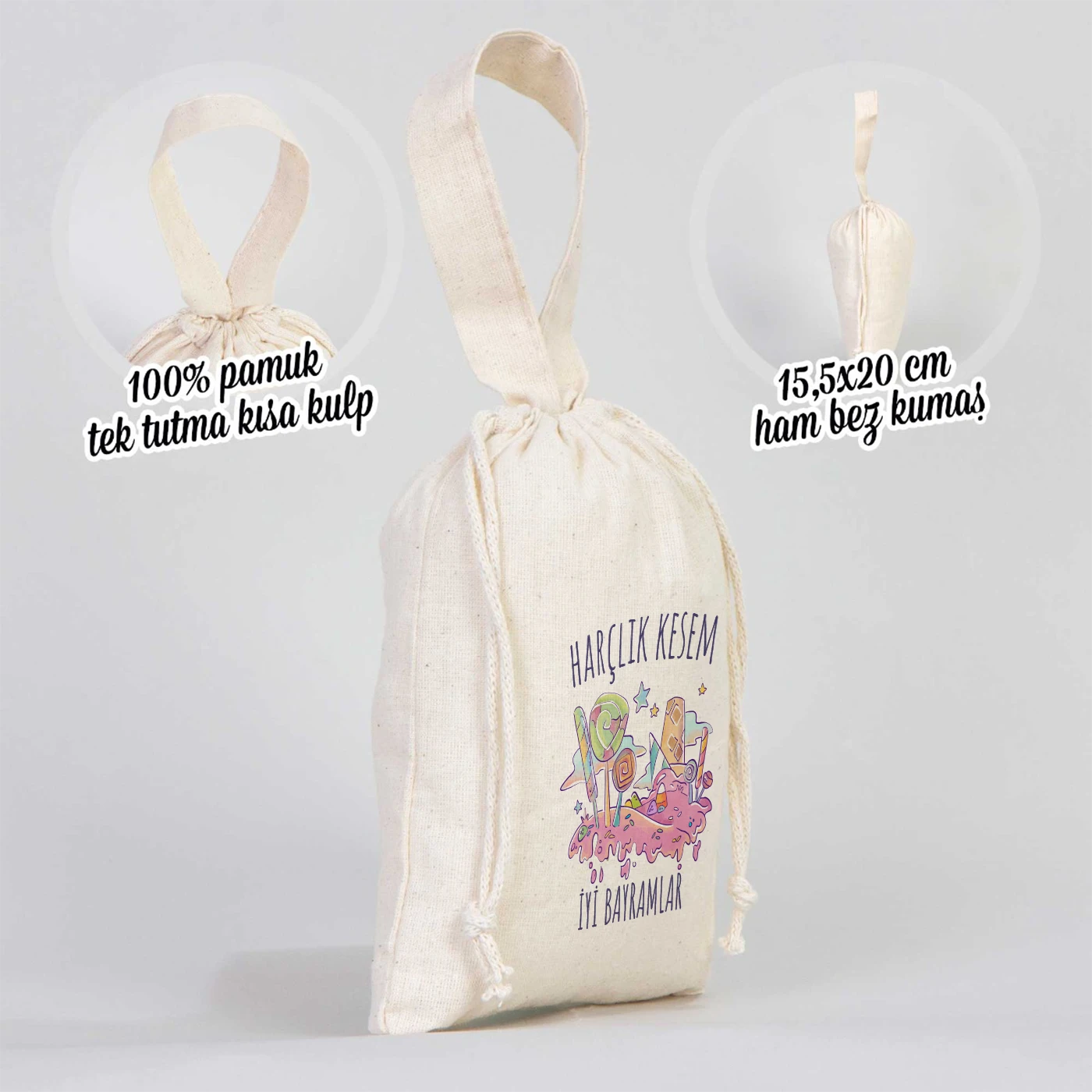 15x20 Bez Kese Tek Tutma Kısa Kulp - Bayram Harçlık Kesesi