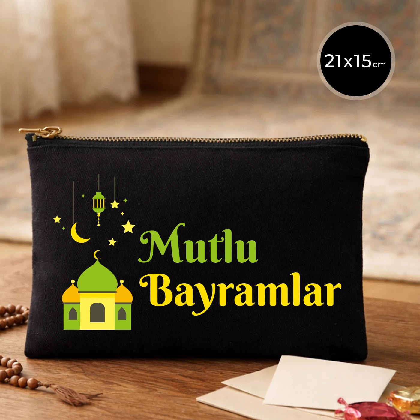 Siyah kanvas 21x15 cm elde taşınabilir clutch, siyah fermuarlı, cami figürlü “Mutlu Bayramlar” yazılı Bayram çantası