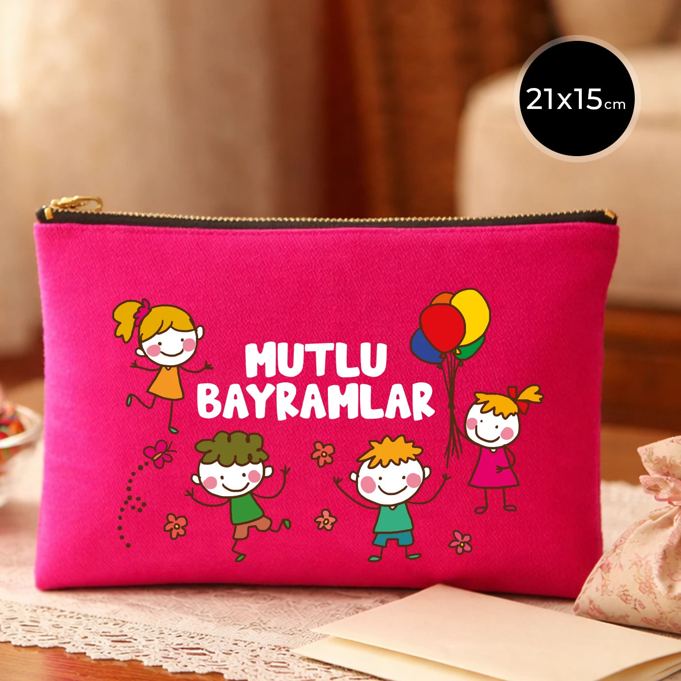 Fuşya kanvas 21x15 cm elde taşınabilir clutch, siyah fermuarlı, çocuklu Bayram tasarımlı “Mutlu Bayramlar” yazılı çanta