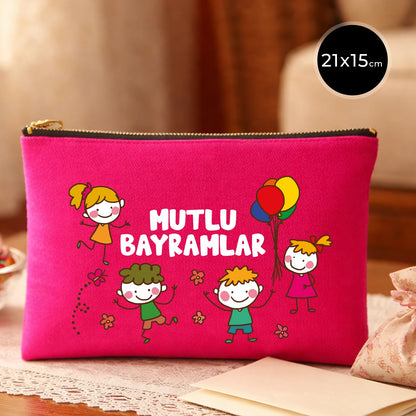Fuşya kanvas 21x15 cm elde taşınabilir clutch, siyah fermuarlı, çocuklu Bayram tasarımlı “Mutlu Bayramlar” yazılı çanta