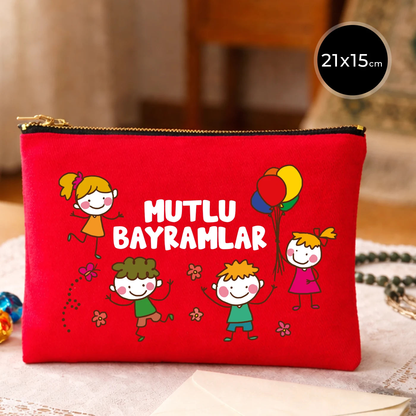 Kırmızı kanvas 21x15 cm elde taşınabilir clutch, siyah fermuarlı, çocuklu Bayram tasarımlı “Mutlu Bayramlar” yazılı çanta