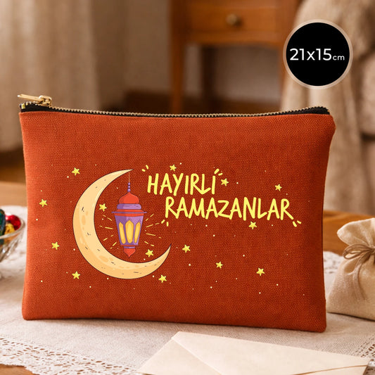 Ramazan temalı 21x15 cm kiremit kanvas fermuarlı clutch pouch; “Hayırlı Ramazanlar” yazılı, hilal-fener ve yıldız motifli