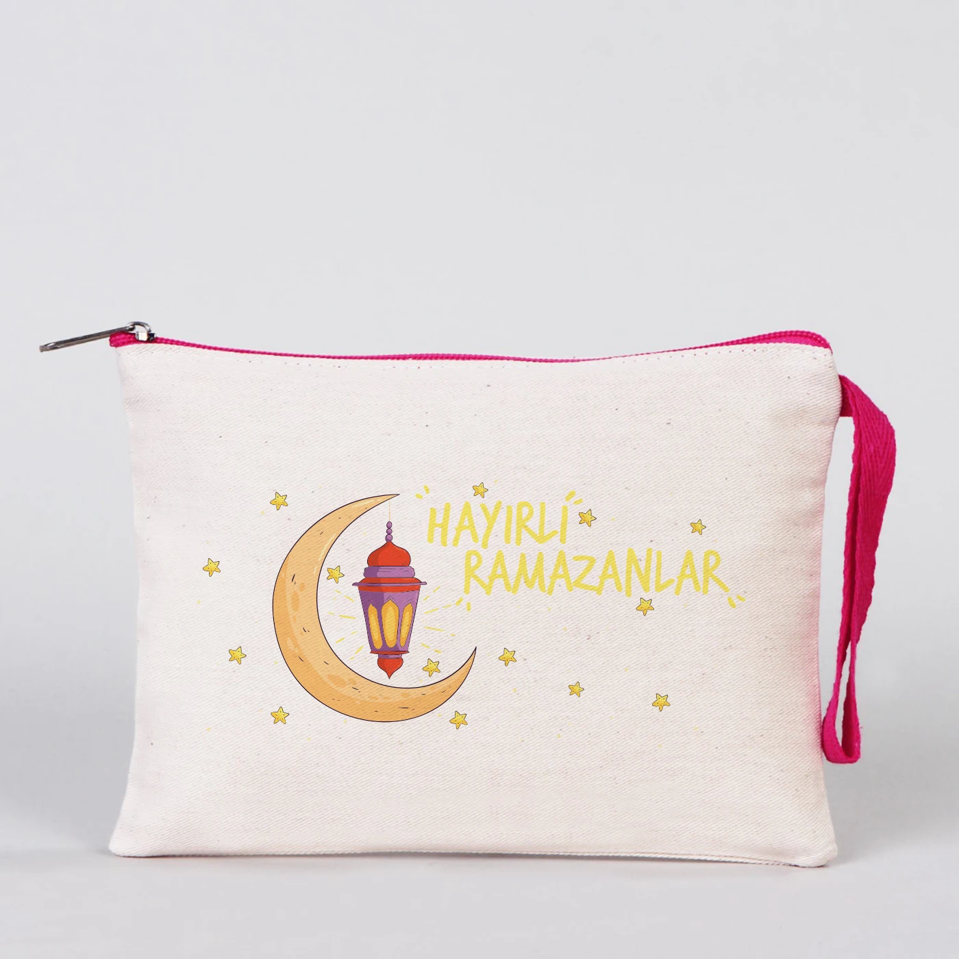 Krem kanvas 21x15 cm elde taşınabilir clutch, pembe fermuarlı, çocuklar ve balon desenli Bayram hediyelik çanta.