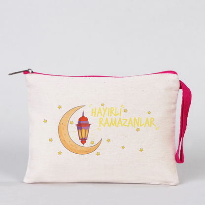 Krem kanvas 21x15 cm elde taşınabilir clutch, pembe fermuarlı, çocuklar ve balon desenli Bayram hediyelik çanta.