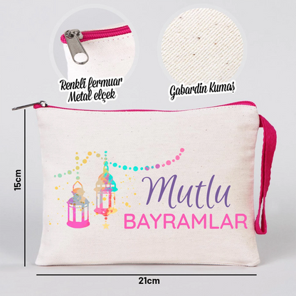Krem kanvas 21x15 elde taşınabilir clutch, pembe fermuarlı, çocuklar ve balon desenli Bayram hediyelik çanta.